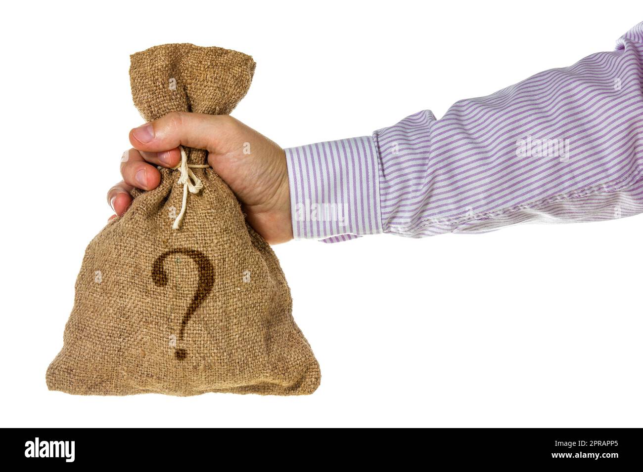 Businessman holding money bag with question mark Stock Photo