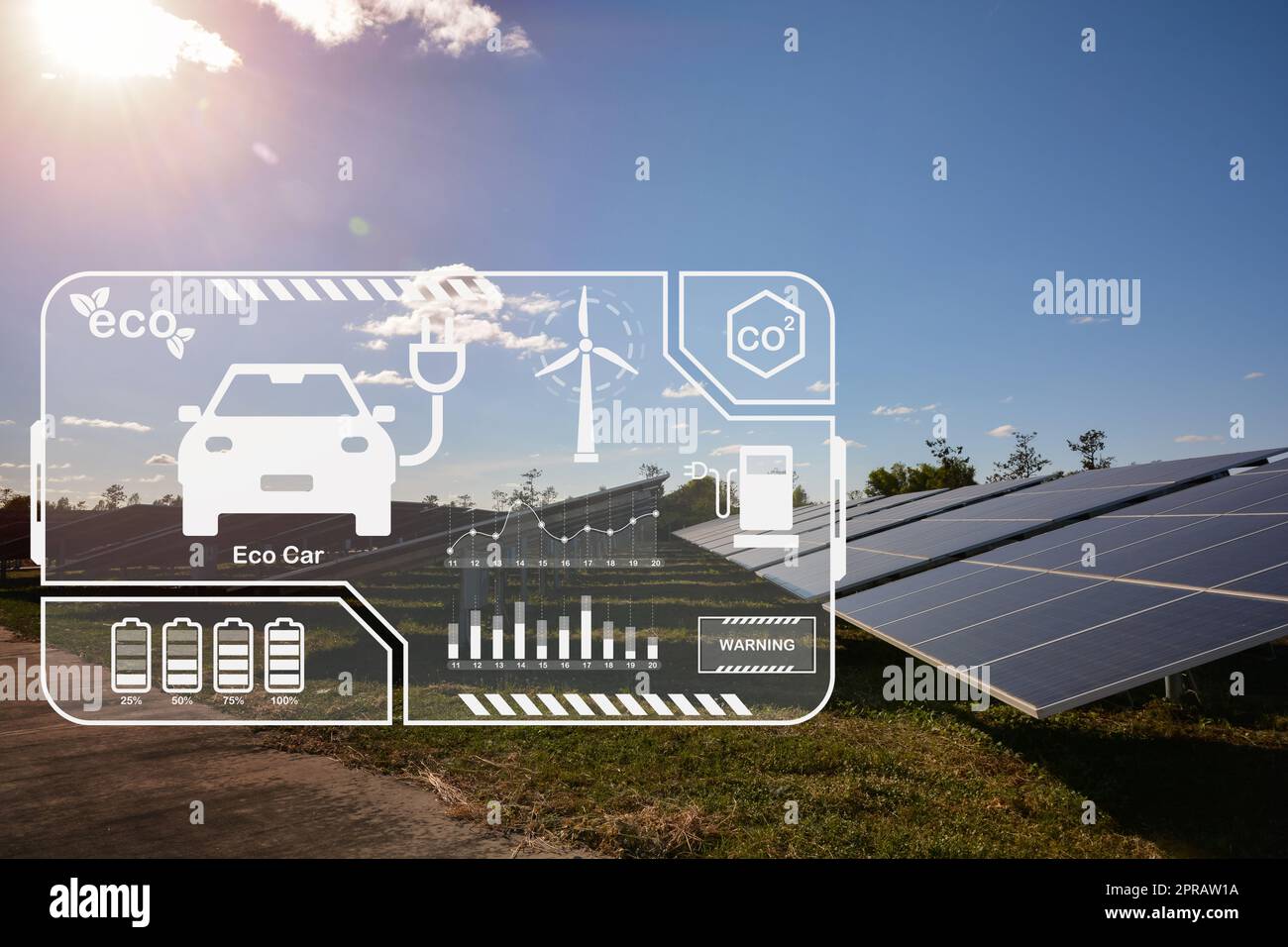 solar panels on sunny day with environment Icons for charging electric car Stock Photo