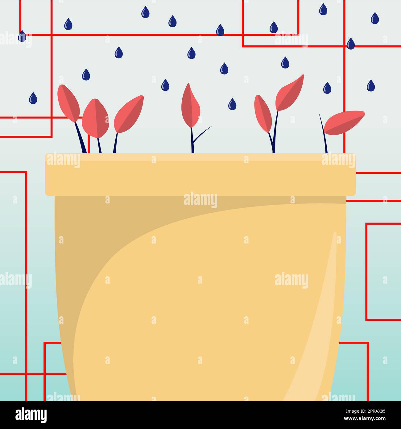 Flower Vase With Herbs Watered By Drops From Top. Liquid Being Poured