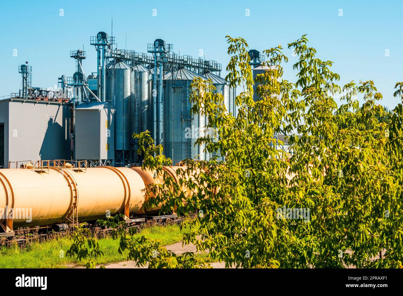 Set of train tanks next to plant for grain processing Stock Photo