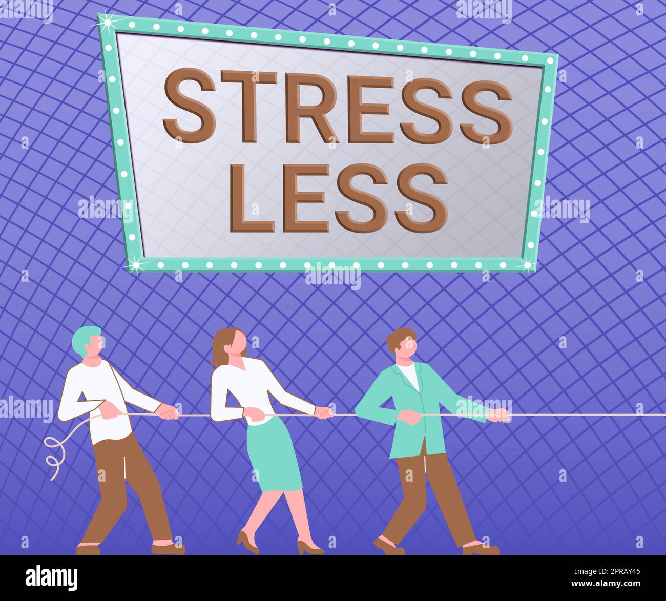 Conceptual display Stress Less. Business idea Stay away from problems Go out Unwind Meditate Indulge Oneself Three Colleagues Pulling Rope Together Presenting Teamwork Success Plans. Stock Photo