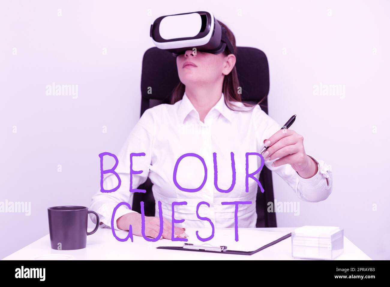 Writing displaying text Be Our Guest. Concept meaning You are welcome to stay with us Invitation Hospitality Woman Wearing Goggles And Learning Skill With Virtual Reality Simulator. Stock Photo