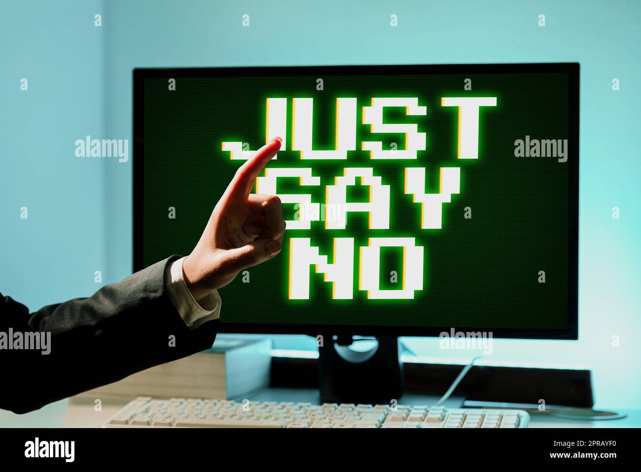 Text sign showing Just Say No. Internet Concept Do not be afraid of giving negative answers to some things Businesswoman Pointing With One Finger On Important Message. Stock Photo