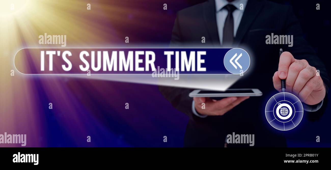 Text caption presenting It S Summer Time. Business showcase Relax sunny hot season of the year Vacation beach trip Business Person Holding Pen And Teblet Presenting Important Business Ideas Stock Photo