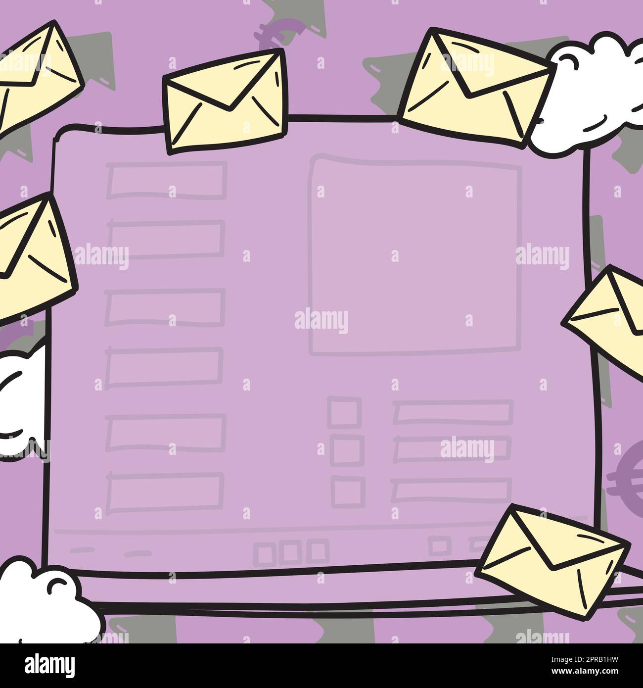 Composing Letter Idea, Listing Text Documents, Presenting Writing Tools, Selling Materials. Checklist Table Surrounded With Envelops And Clouds Stock Vector