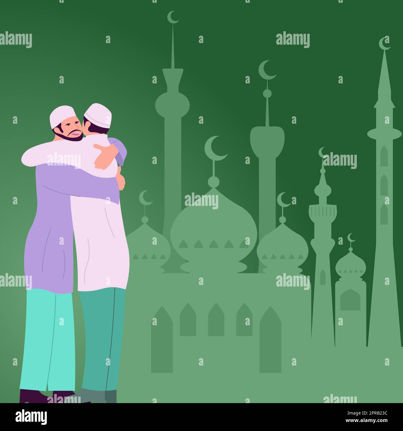 Friends Hugging In Front Of Mosque Celebrating Ramadan. Men In Traditional Clothes Standing At Holy Place. Two People Honoring Their God. Group Of Two Praying. Stock Photo