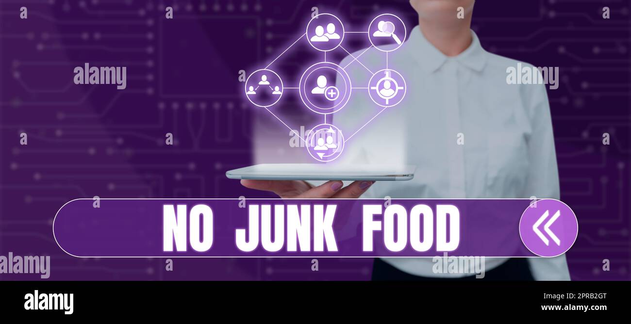 Writing displaying text No Junk Food. Internet Concept Stop eating unhealthy things go on a diet give up burgers fries Woman Holding Tablet With Digital Human S Presenting Data Exchange. Stock Photo