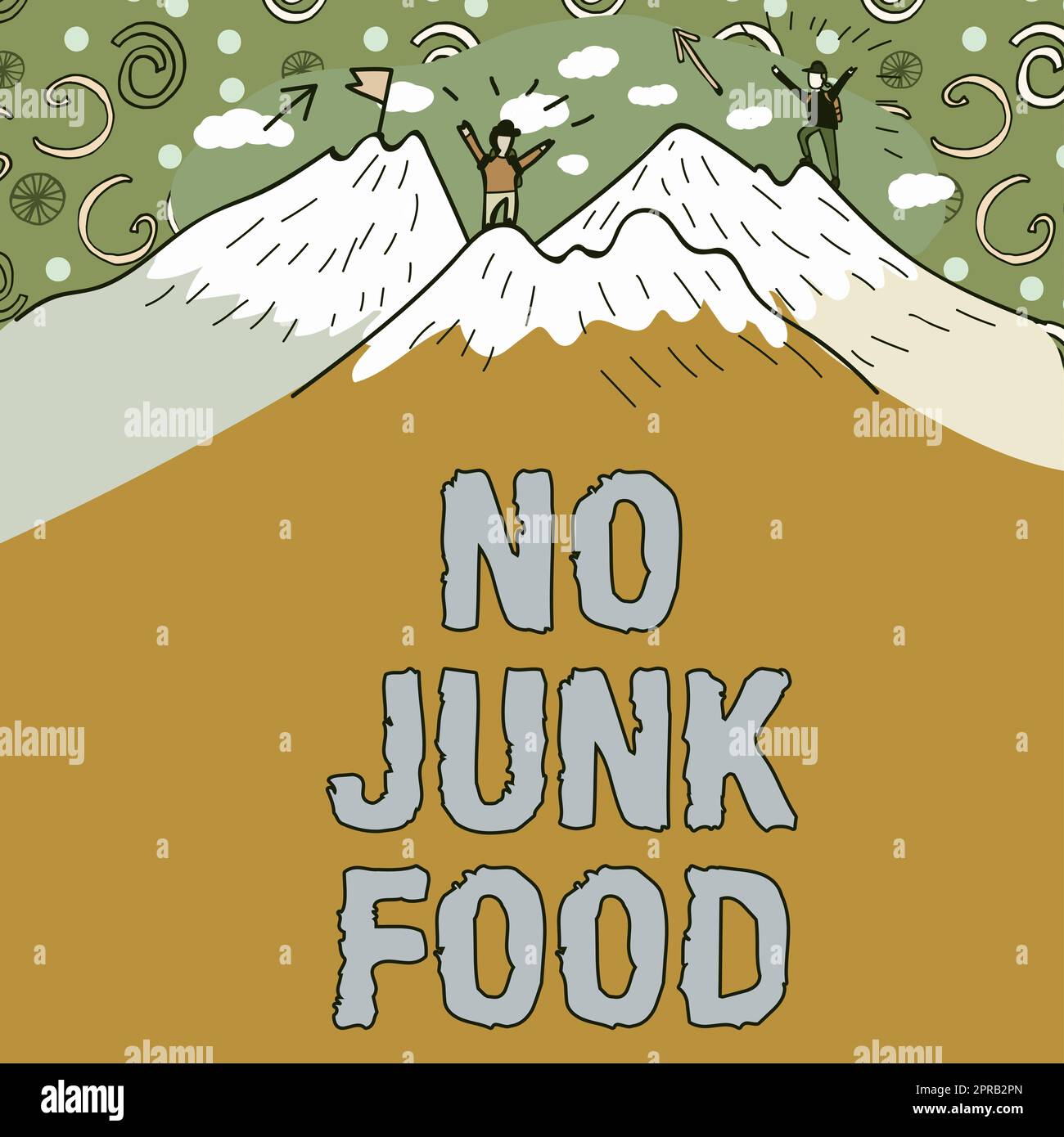 Handwriting text No Junk Food. Business showcase Stop eating unhealthy things go on a diet give up burgers fries Message Presented Underneath Men Hiking On Top Of Mountains With Snow. Stock Photo