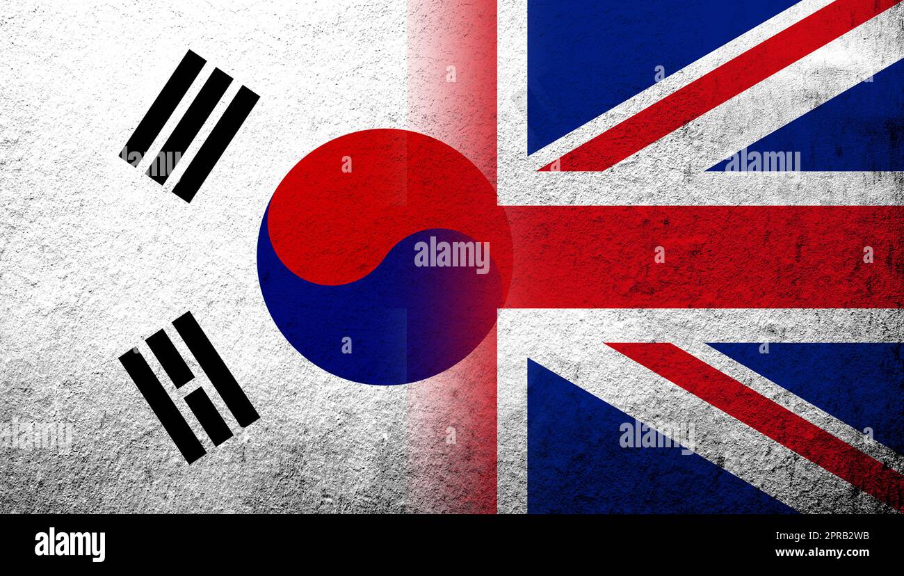 National flag of United Kingdom (Great Britain) Union Jack with National flag of South Korea. Grunge background Stock Photo