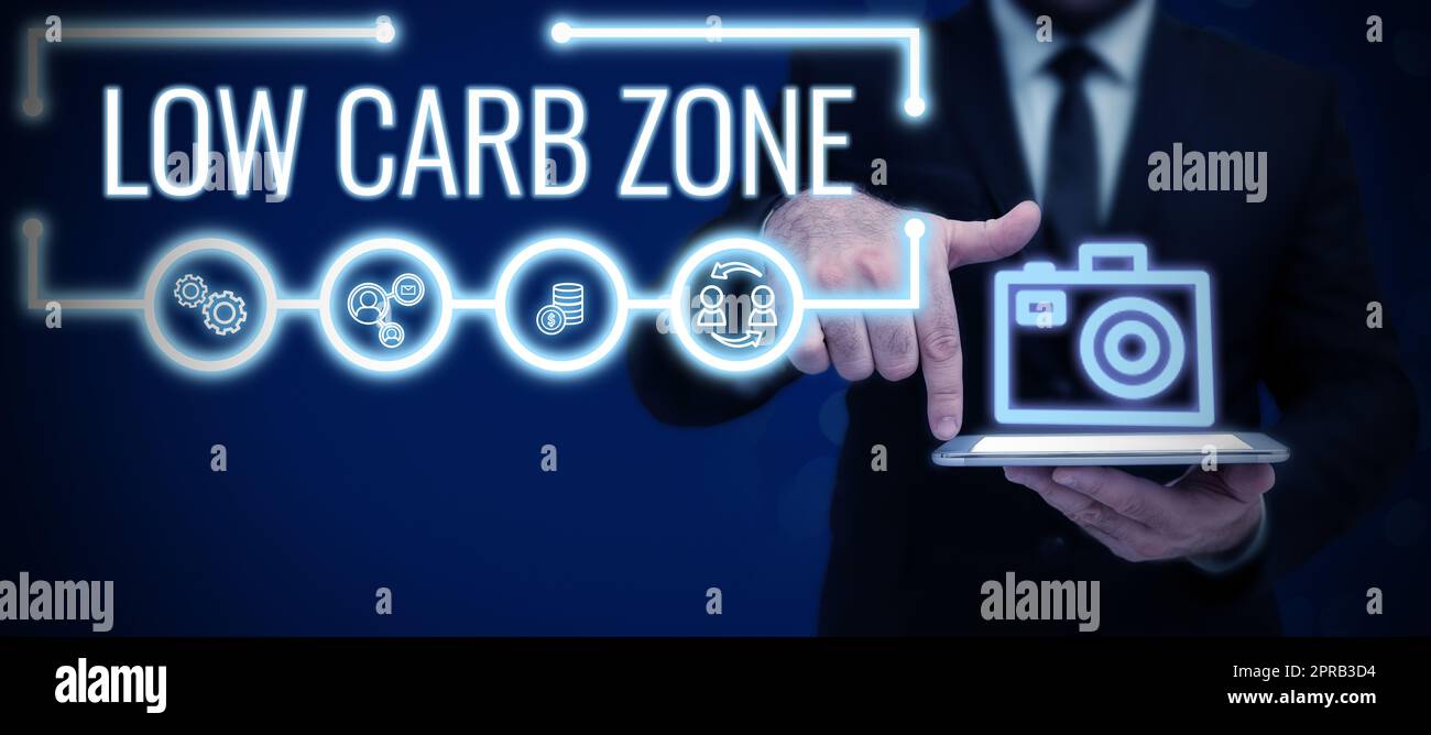 Hand writing sign Low Carb Zone. Word Written on Healthy diet for losing weight eating more proteins sugar free Lady in suit holding pen symbolizing successful teamwork accomplishments. Stock Photo