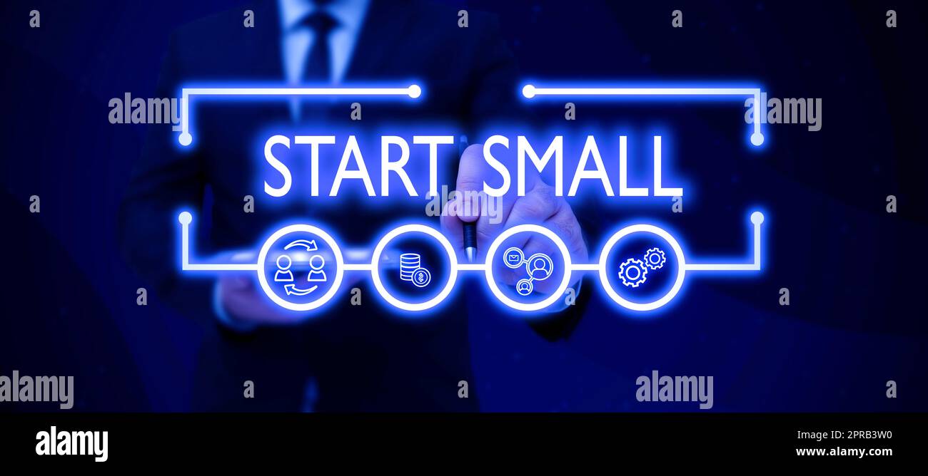 Inspiration showing sign Start Small. Word for Small medium enterprises start up Business entrepreneurship Businessman in suit holding open palm symbolizing successful teamwork. Stock Photo