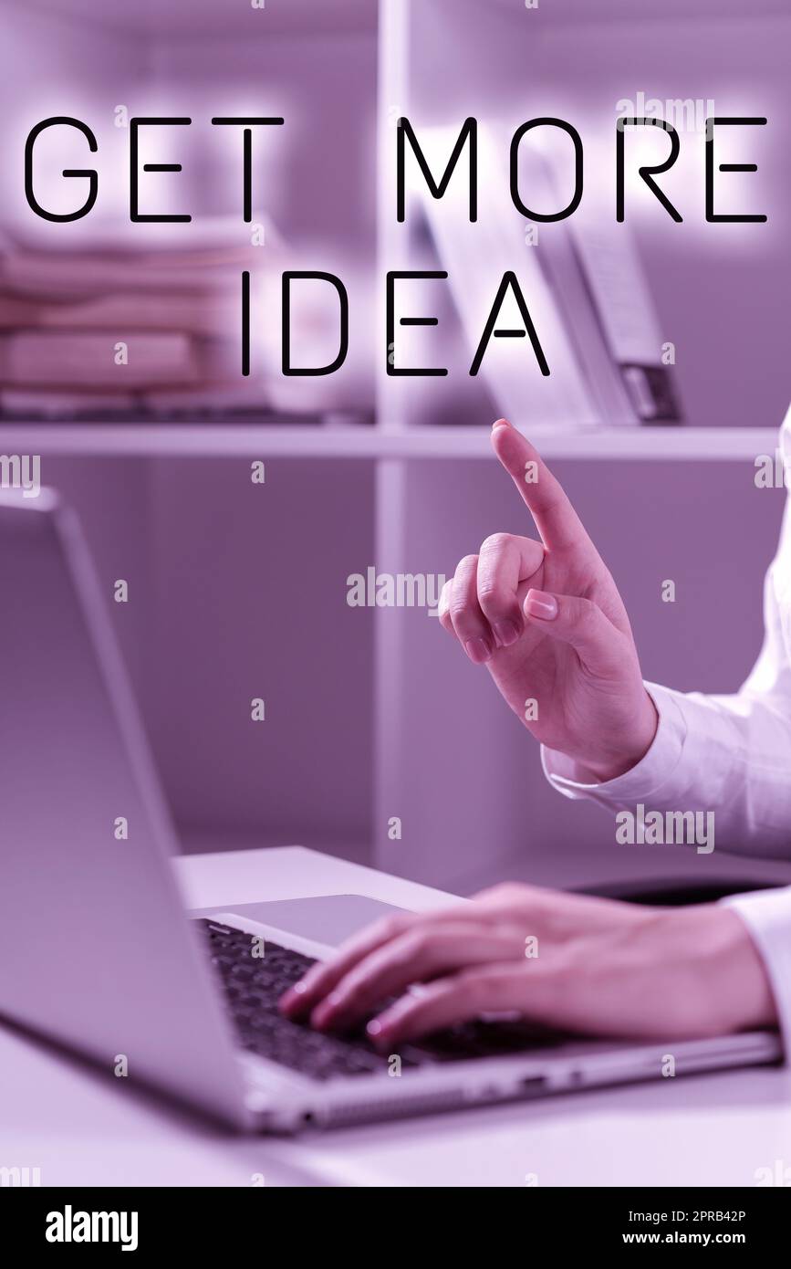 Conceptual display Get More Idea. Business concept Random Input Mind Map Picture Mock up Surveys Visualization Woman Typing Updates On Lap Top And Pointing New Ideas With One Finger. Stock Photo