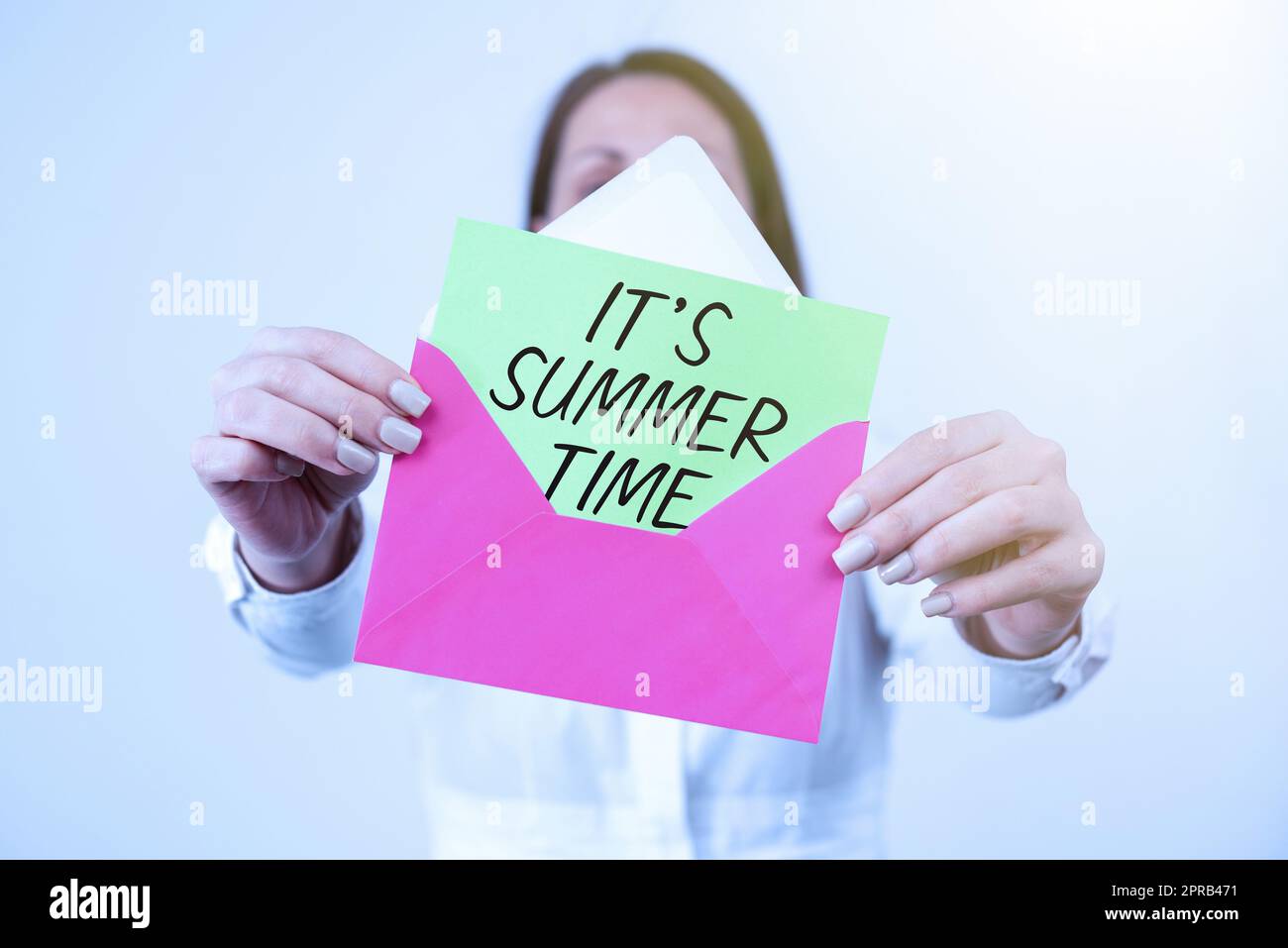 Text sign showing It S Summer Time. Conceptual photo Relax sunny hot season of the year Vacation beach trip Woman Holding Letter And Envelope Sending Important Information. Stock Photo