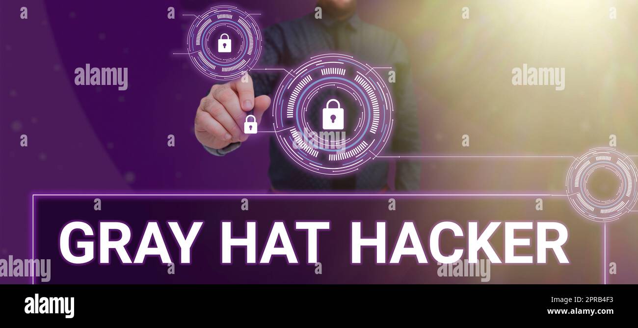 Text sign showing Gray Hat Hacker. Business idea Computer security expert who may sometimes violate laws One Person Holding Pen And Pointing Important Security System Information. Stock Photo
