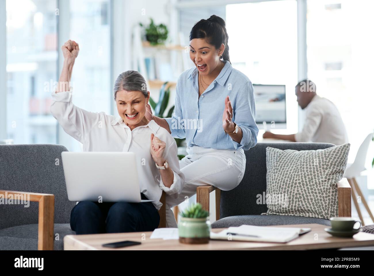 Theyre ecstatic to hear the good news. two businesswomen cheering while working together on a laptop in an office. Stock Photo