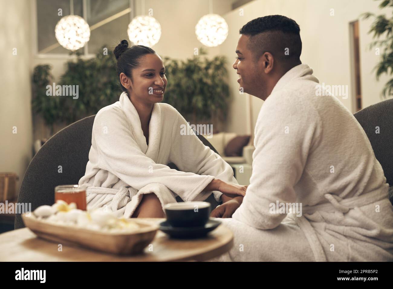 You made the right choice when you chose this place for us. a young couple spending the day together at a spa. Stock Photo