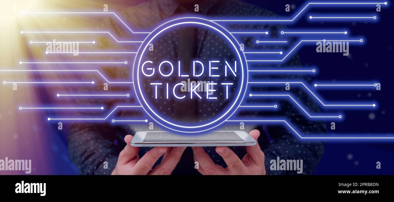 Text sign showing Golden Ticket. Concept meaning Rain Check Access VIP Passport Box Office Seat Event Businessman With A Tablet Projecting Glowing Lines With Round Frame. Stock Photo