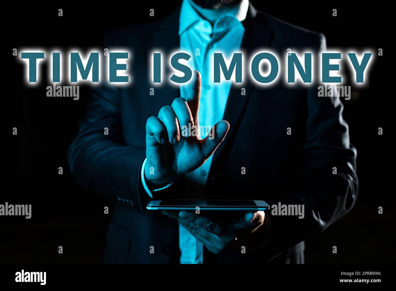 Text caption presenting Time Is Money. Word for Better to do things as quickly as possible Do not delay Businessman Pointing Important Infortmations With One Finger. Stock Photo
