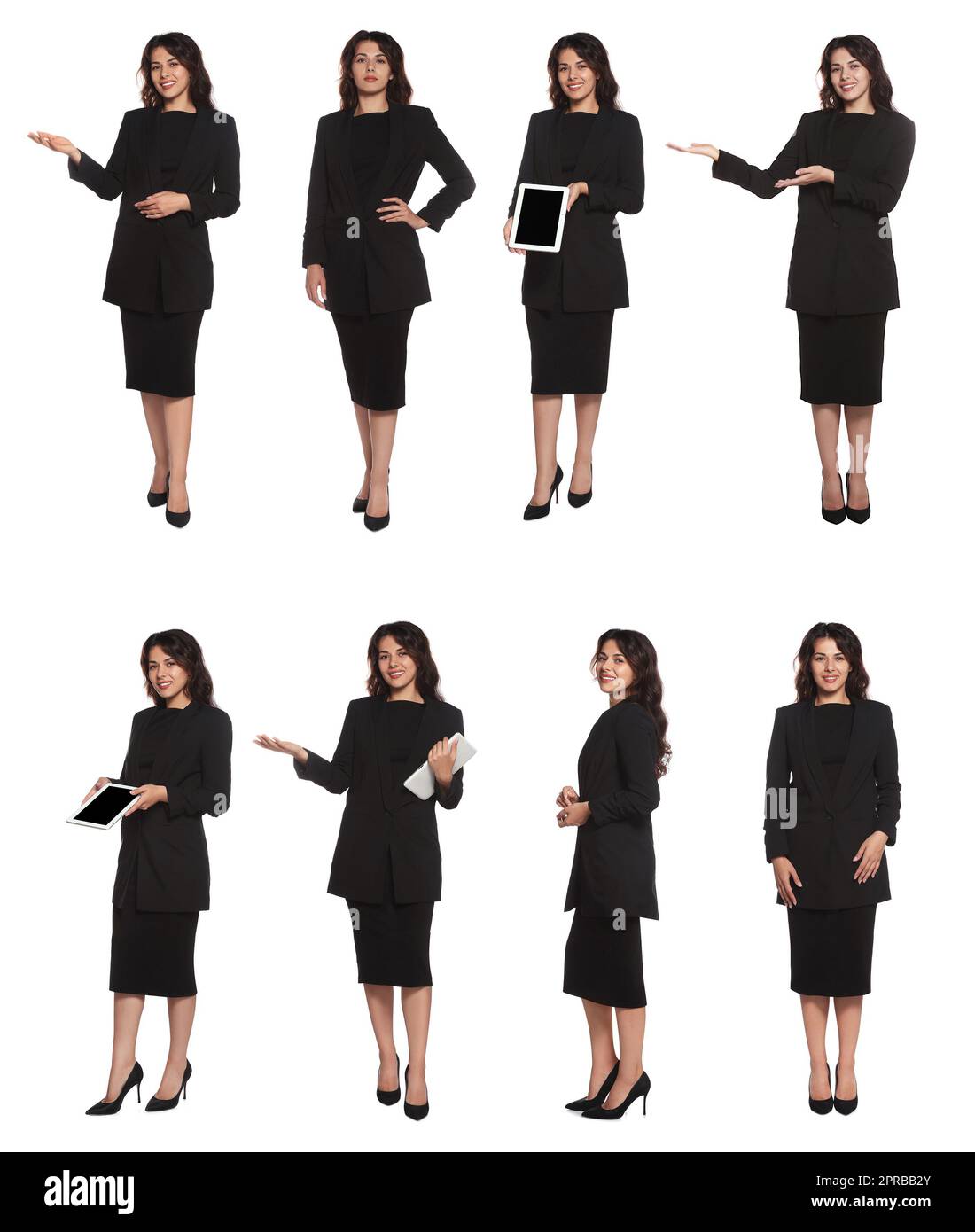 Collage with photos of hostess in uniform on white background Stock