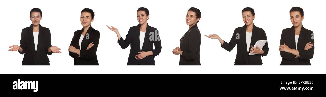 Collage with photos of hostess in uniform on white background. Banner