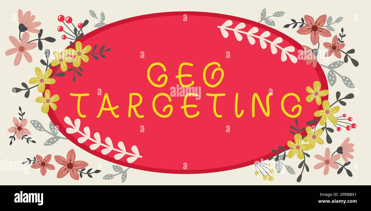 Conceptual caption Geo Targeting. Business overview Digital Ads Views IP Address Adwords Campaigns Location Frame With Leaves And Flowers Around And Important Announcements Inside. Stock Photo