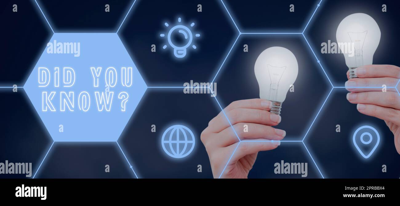 Handwriting text Did You Know Question. Business showcase Fun Facts and Figures Information General Knowledge Woman Holding Light Bulbs In Futuristic Pattern Presenting New Ideas. Stock Photo