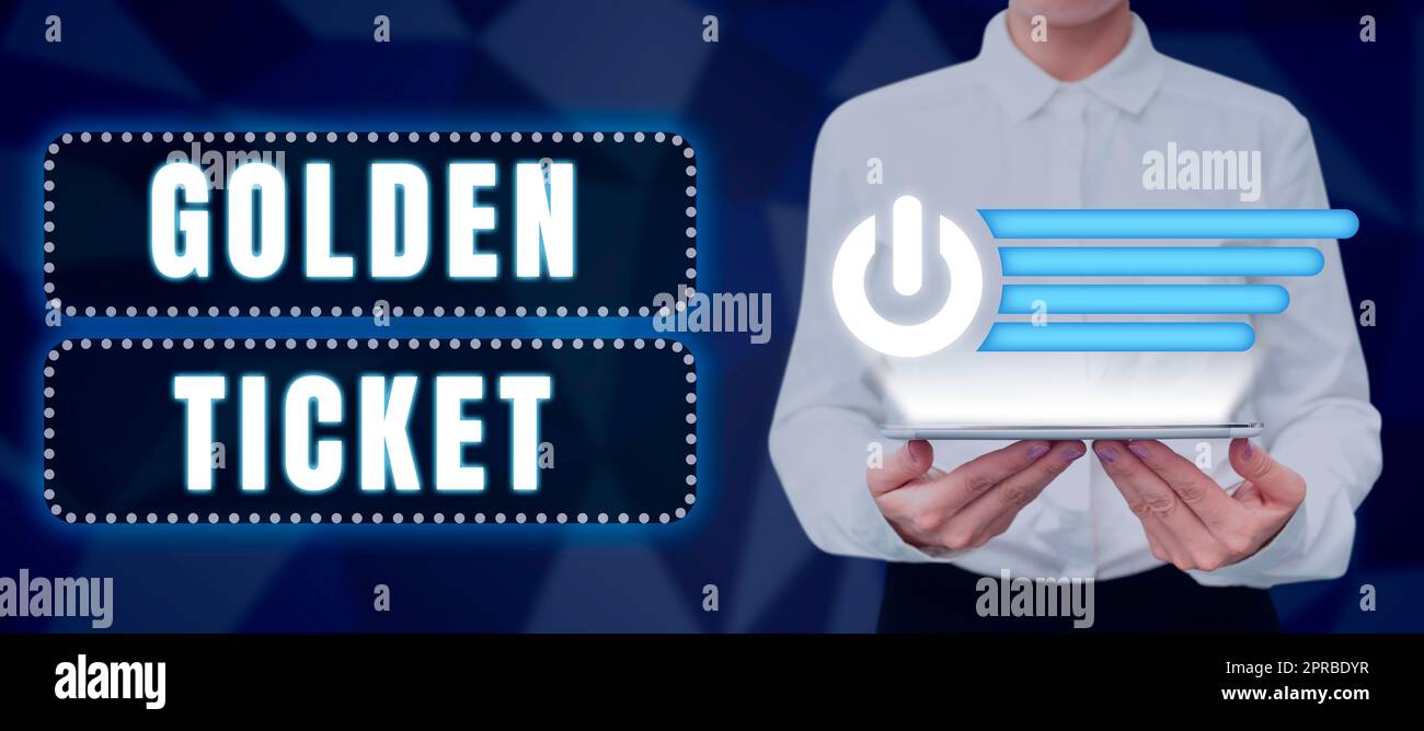 Inspiration showing sign Golden Ticket. Internet Concept Rain Check Access VIP Passport Box Office Seat Event Woman Holding Tablet Presenting Digital Button And Sharing Information. Stock Photo