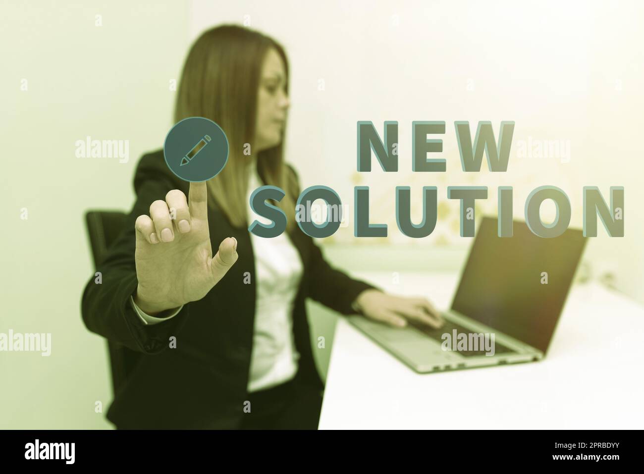 Sign displaying New Solution. Concept meaning Modern Innovation Latest effective approach to a problem Woman Typing Updates On Lap Top And Pointing New Ideas With One Finger. Stock Photo