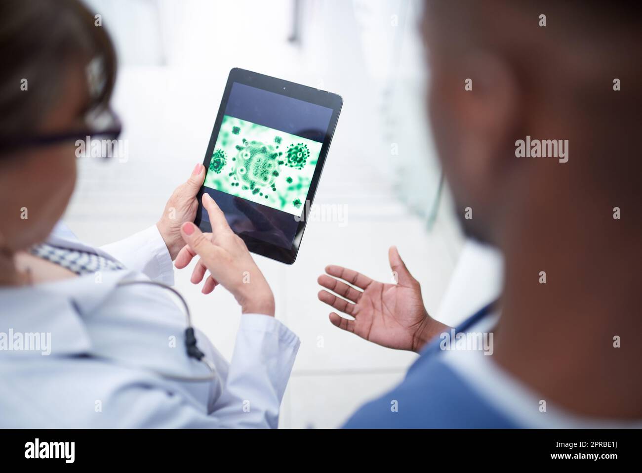 Healthy bacteria are present in your immune system. a doctor looking at a tablet. Stock Photo