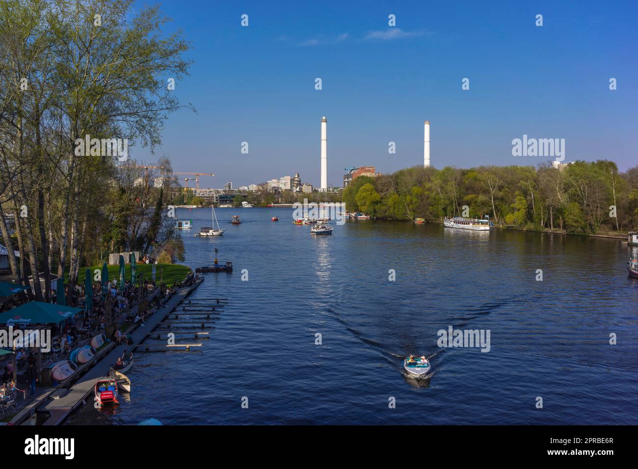 View from Insel der Jugend across the river Spree towards Klingenberg power plant in Rummelsburg, Treptow, Berlin, Germany, Europe Stock Photo