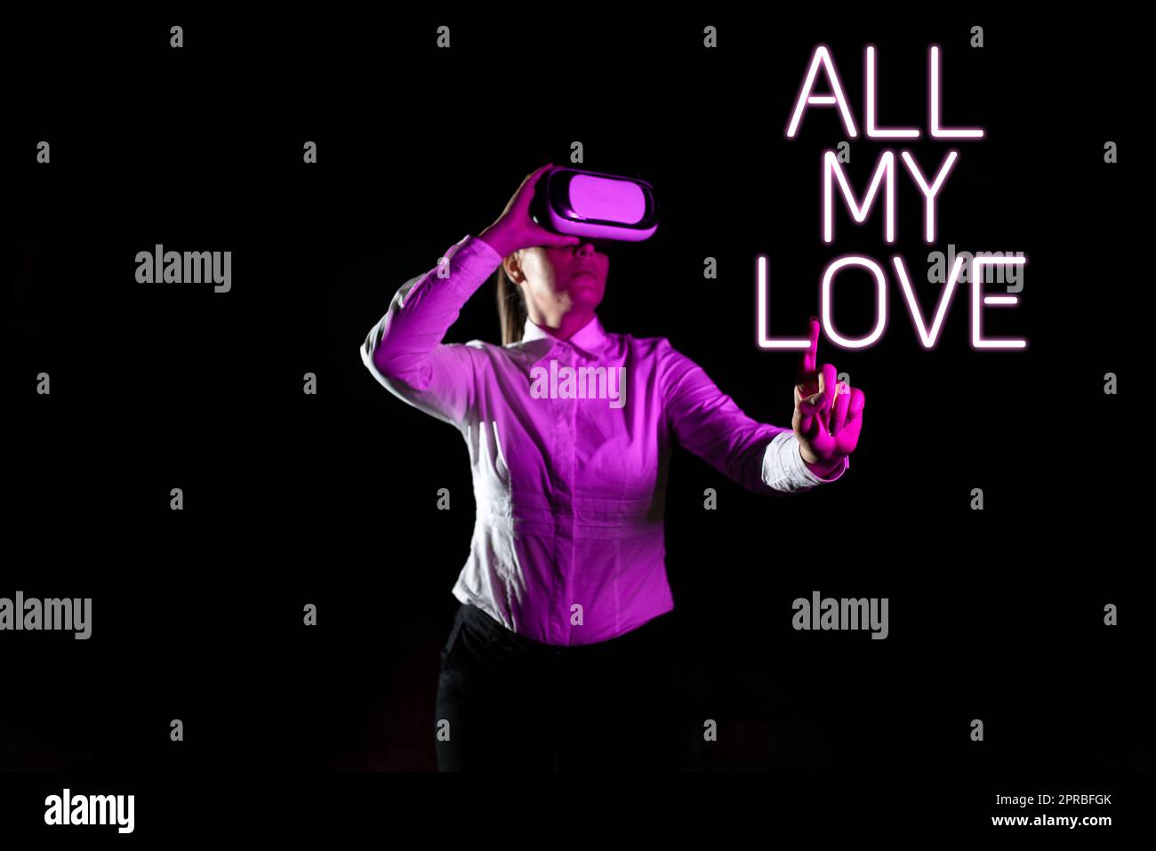 Text showing inspiration All My Love. Business approach The whole affection and good feeling for you Romance happiness Woman Using Virtual Reality Simulator And Gesturing During Training. Stock Photo