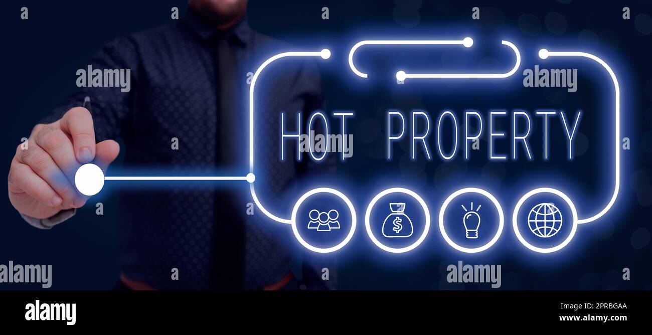 Inspiration showing sign Hot Property. Concept meaning Something which is sought after or is Heavily Demanded Businessman Holding Pen And Presenting Crutial Ideas In Futuristic Frame. Stock Photo
