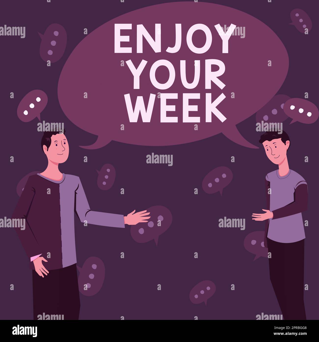 Text showing inspiration Enjoy Your Week. Business idea Best wishes for the start of weekdays have great days Two Colleagues Standing Discussing New Ideas With Big Speech Bubble Stock Photo