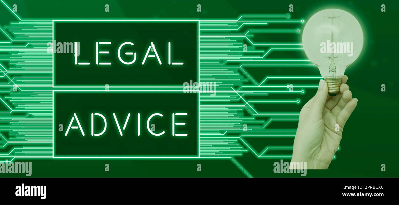Sign displaying Legal Advice. Business concept Lawyer opinion about law procedure in a particular situation Woman Holding Light Bulb By Graphic Box And Lines Presenting New Ideas. Stock Photo