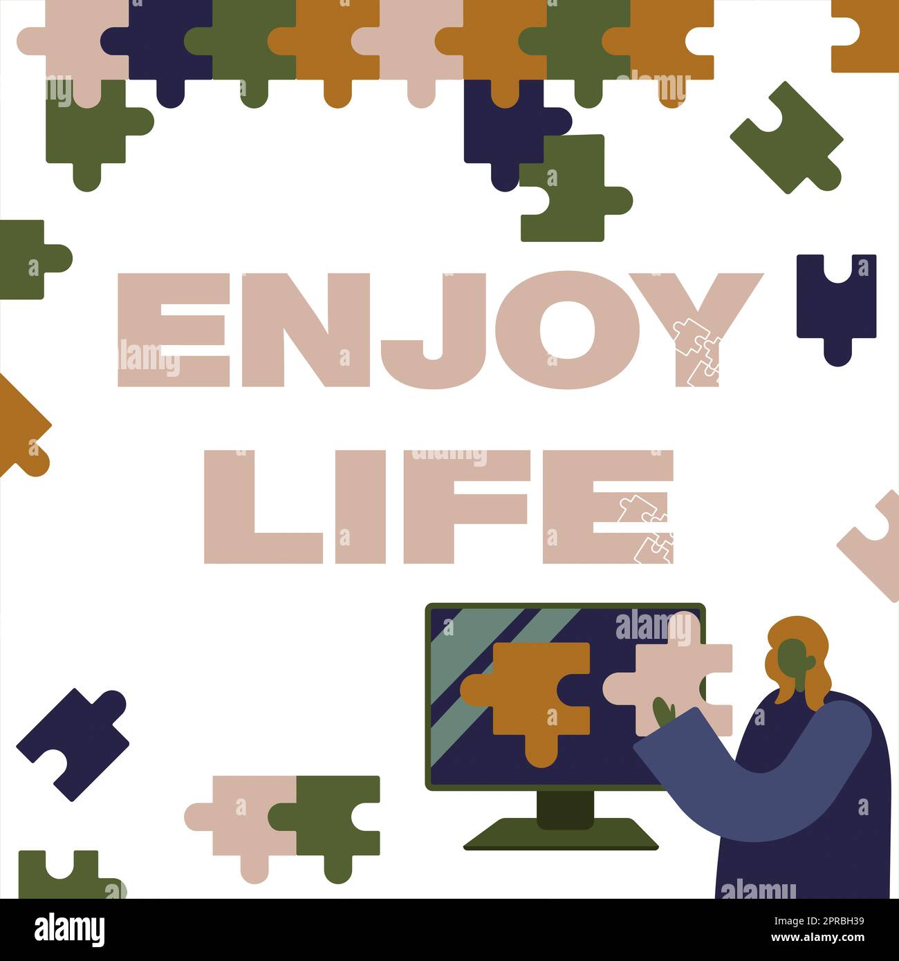 Writing displaying text Enjoy Life. Internet Concept Any thing, place,food or person, that makes you relax and happy Lady Holding Puzzle Piece Representing Innovative Problem Solving Ideas. Stock Photo