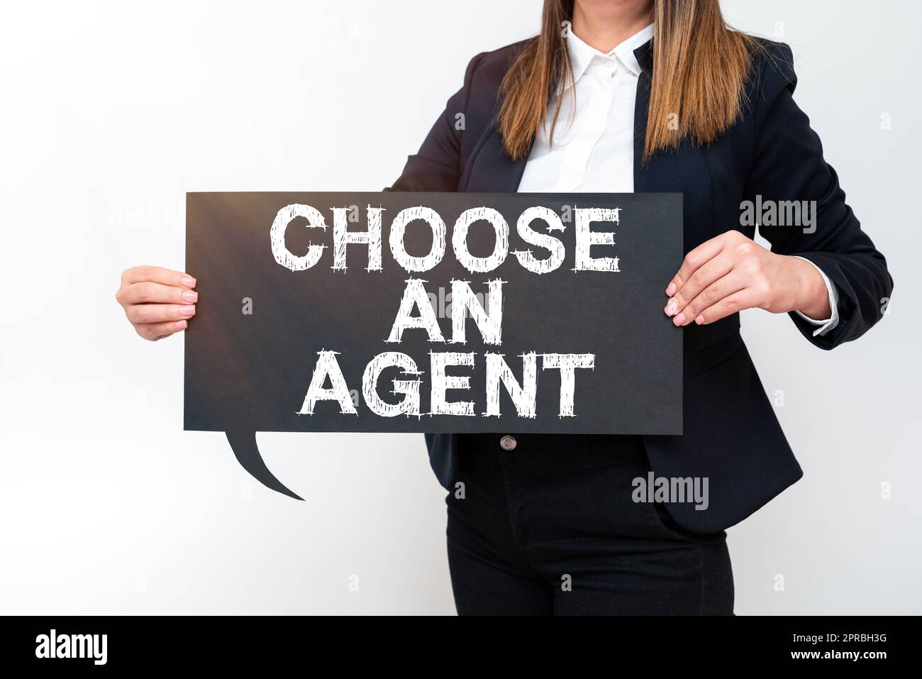 Text sign showing Choose An Agent. Business concept Choose someone who chooses decisions on behalf of you Businesswoman Holding Speech Bubble With Important Messages. Stock Photo