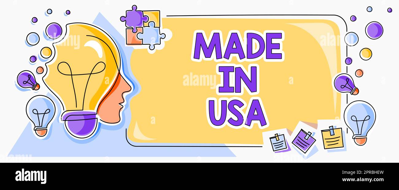 Handwriting text Made In Usa. Conceptual photo American brand United States Manufactured Local product Man With Light Bulbs And Puzzle Pieces Around Thinking New Ideas. Stock Photo