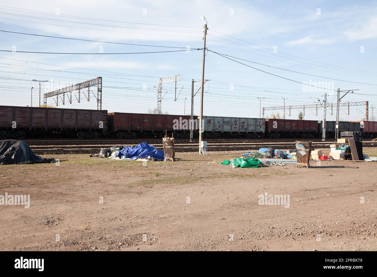 Aid tents lay collapsed at a train yard, Medyka Poland April 2022 Stock Photo