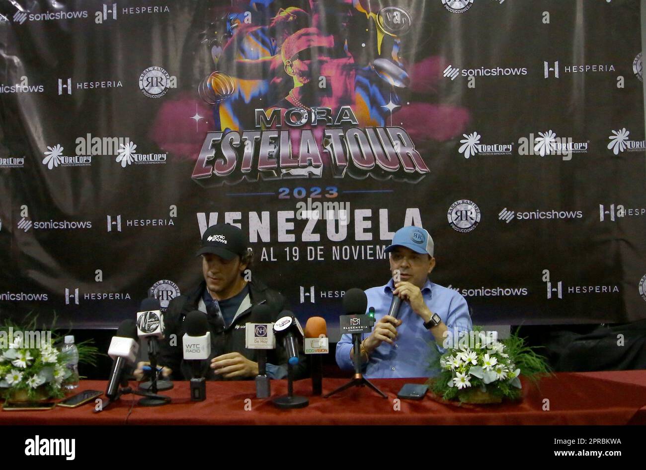 Valencia, Carabobo, Venezuela. 26th Apr, 2023. April 26, 2023. Rabal Ramirez (L) and Marcelino Puente, representatives of Rabal Ramirez Producciones and Sonic Show, at a press conference, announced that the Puerto Rican singer, Gabriel Mora Quintero, better known in the artistic world as, Mora. Who will be presented in several cities of Venezuela from November 16 to 19. Photo: Juan Carlos Hernandez (Credit Image: © Juan Carlos Hernandez/ZUMA Press Wire) EDITORIAL USAGE ONLY! Not for Commercial USAGE! Stock Photo