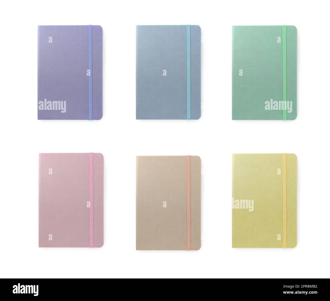Set with multicolor notebooks on white background, top view Stock Photo