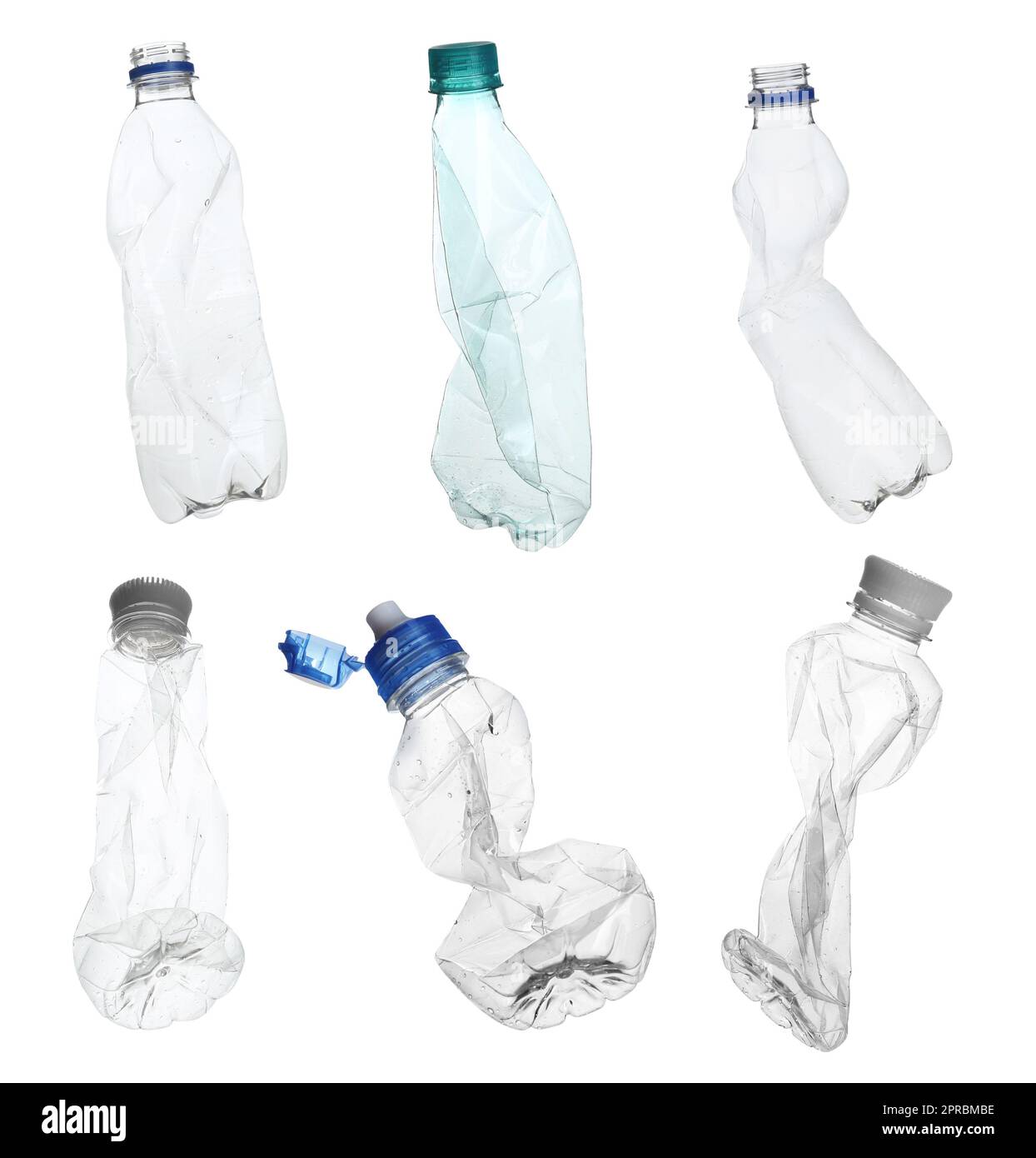 Set with empty crumpled bottles on white background Stock Photo - Alamy