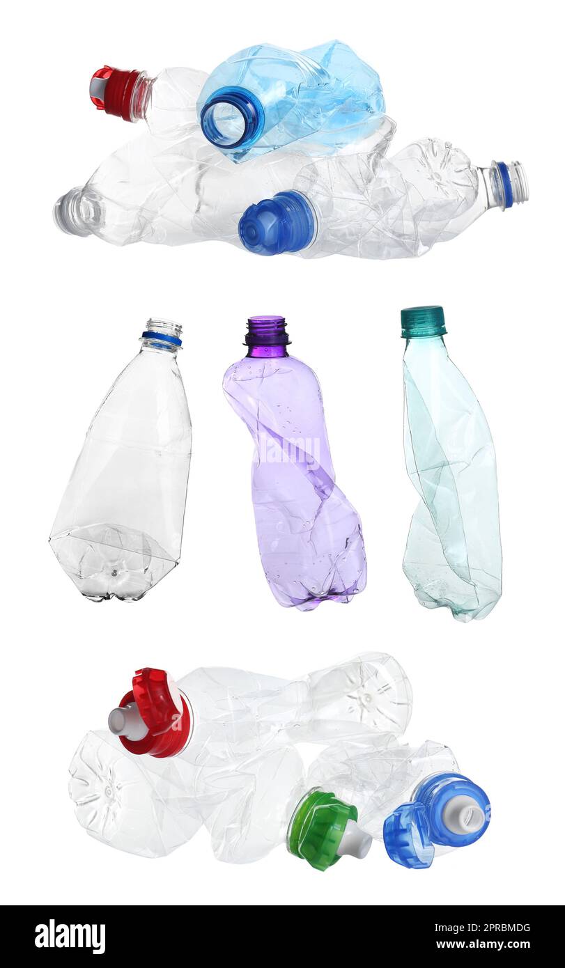 Set with empty crumpled bottles on white background Stock Photo - Alamy