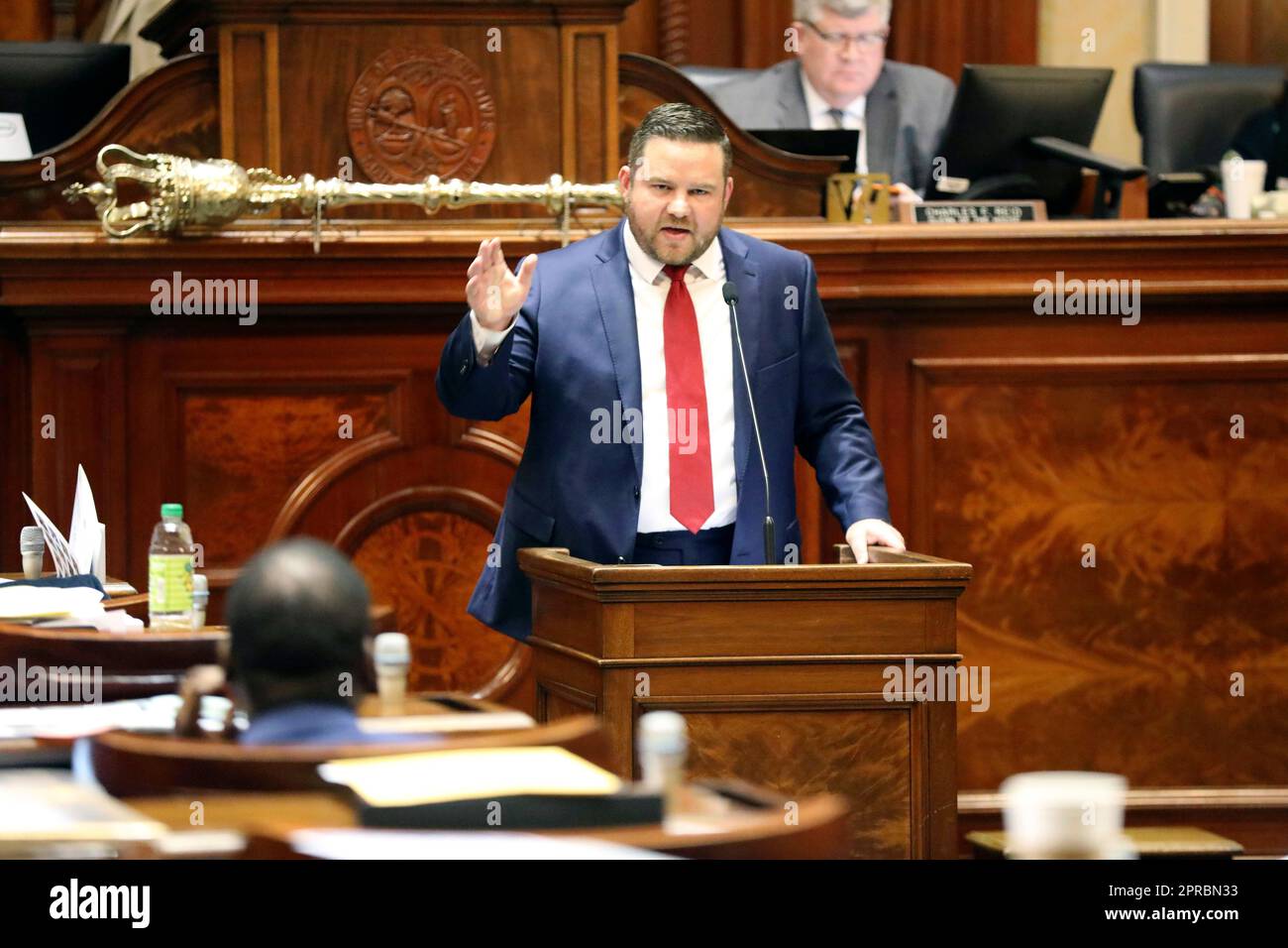 South Carolina Rep. RJ May, RWest Columbia, speaks in favor of an