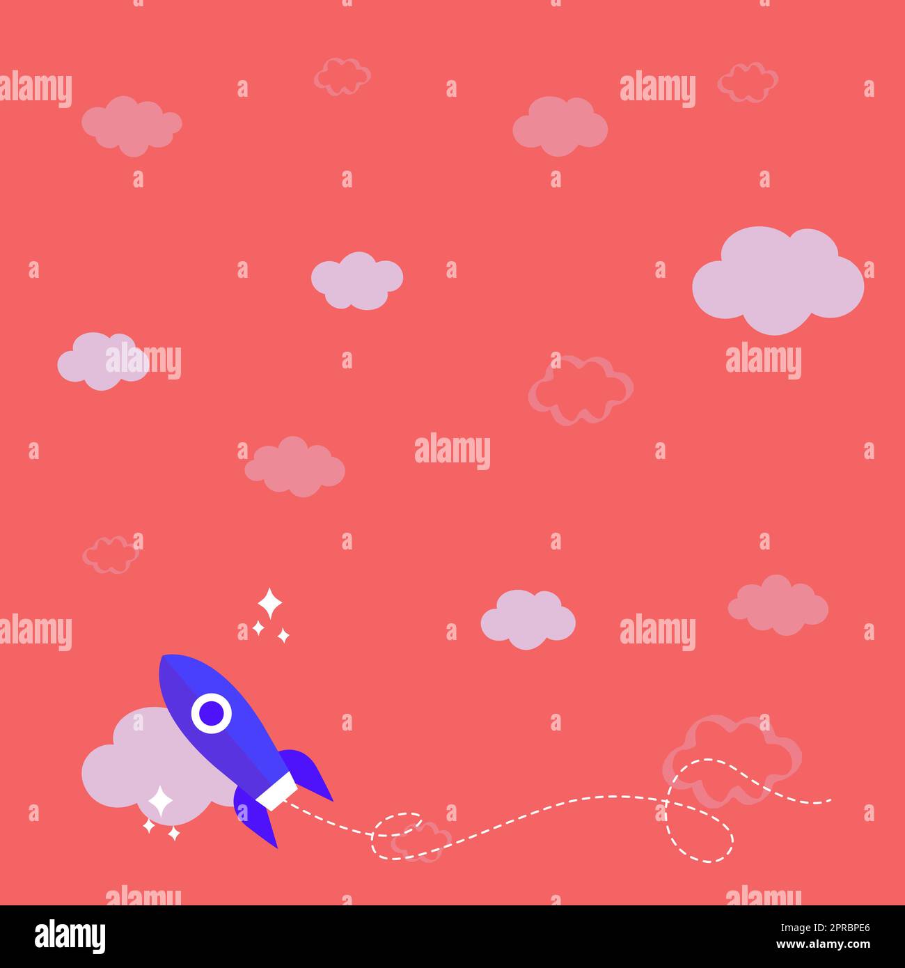 Rocket Ship Launching Fast Straight Up To The Outer Space. Spaceship Drawing Flying High At Sky. Space Shuttle Cartoon Floating At The Air. Stock Vector