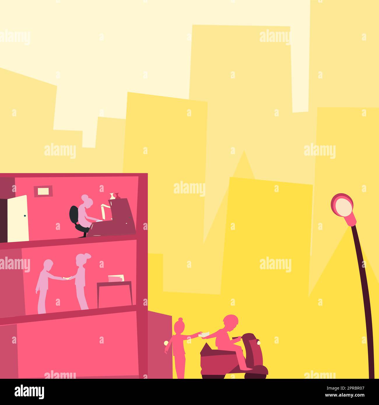 Office Building With Skyscrapers Drawing Showing City Skyline. Different High-Rise Buildings Showing Cityscape Horizon.Towering Architectures Spread Across The Town. Stock Vector