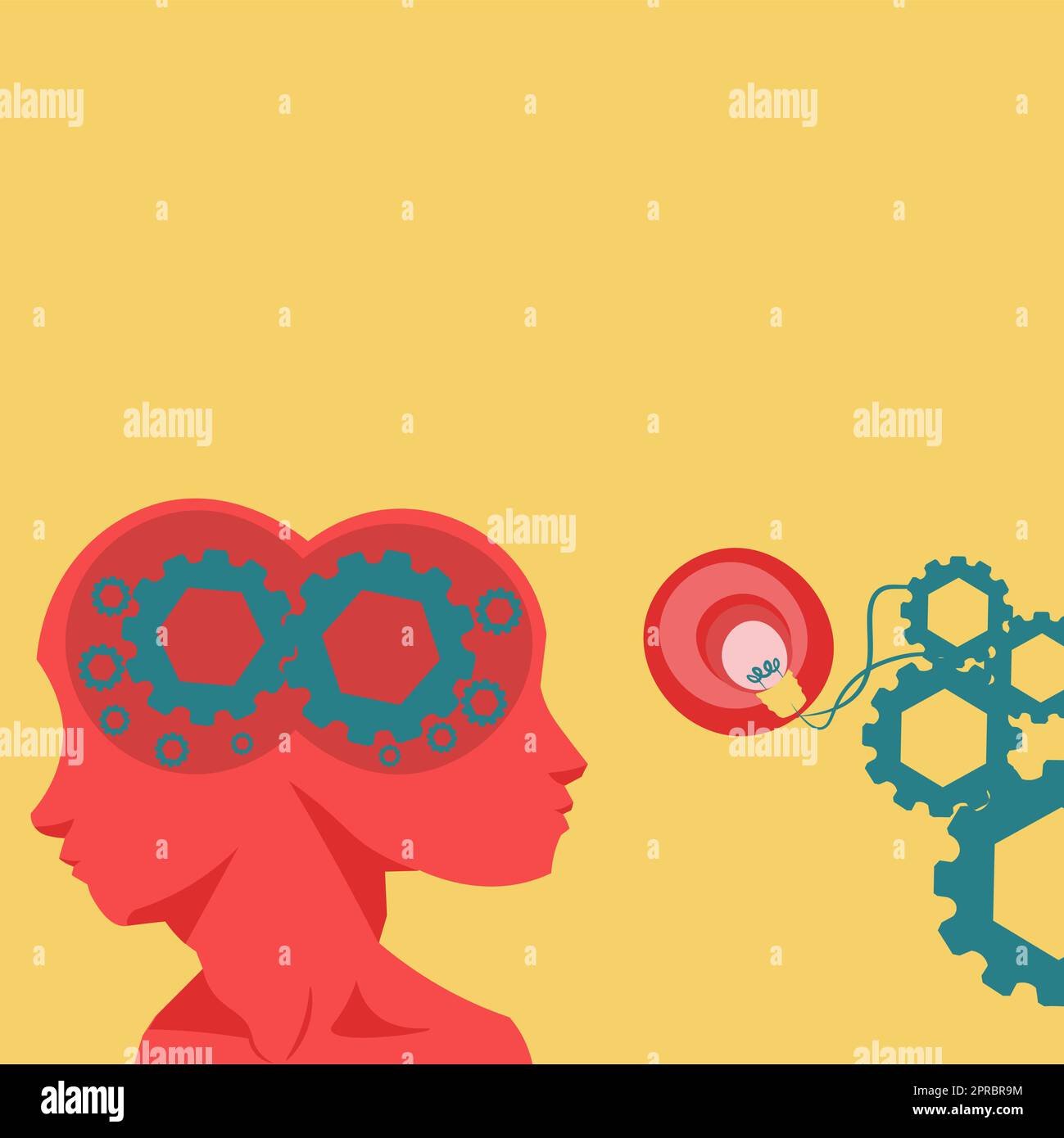 Two Heads With Cogs Showing Technology Ideas. Gears In Brain Symbols Design Displaying Mechanical And Technical Idea. Stock Vector
