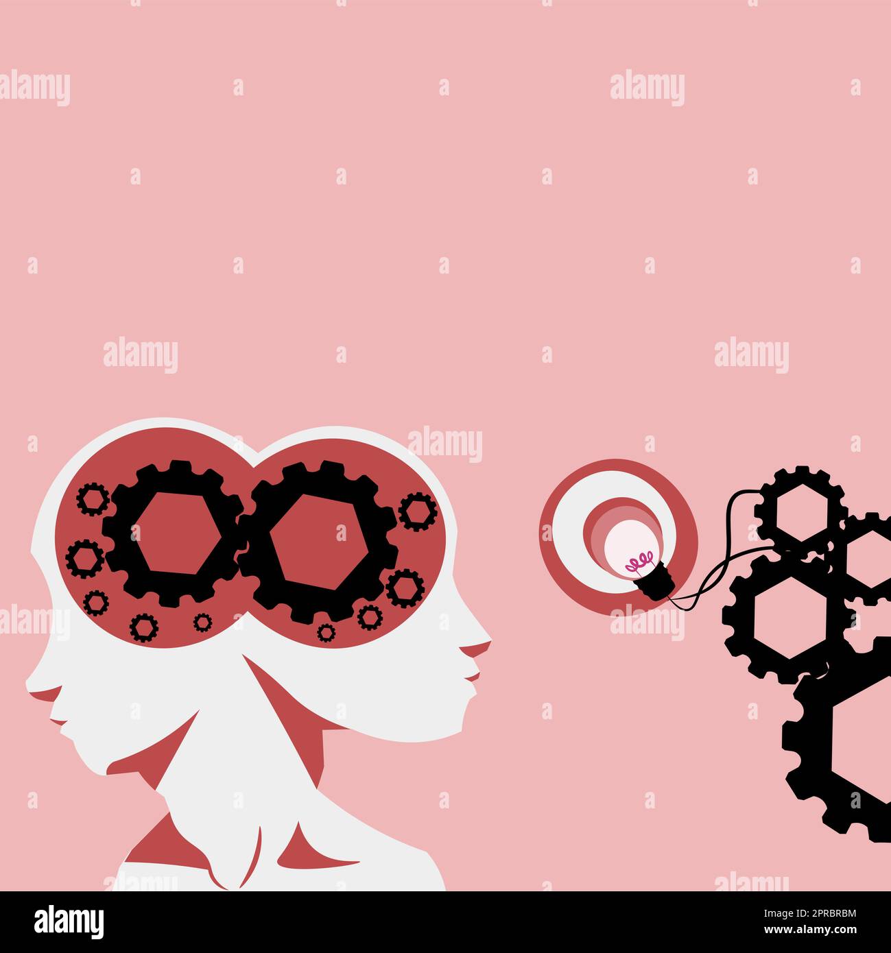 Two Heads With Cogs Showing Technology Ideas. Gears In Brain Symbols Design Displaying Mechanical And Technical Idea. Stock Vector