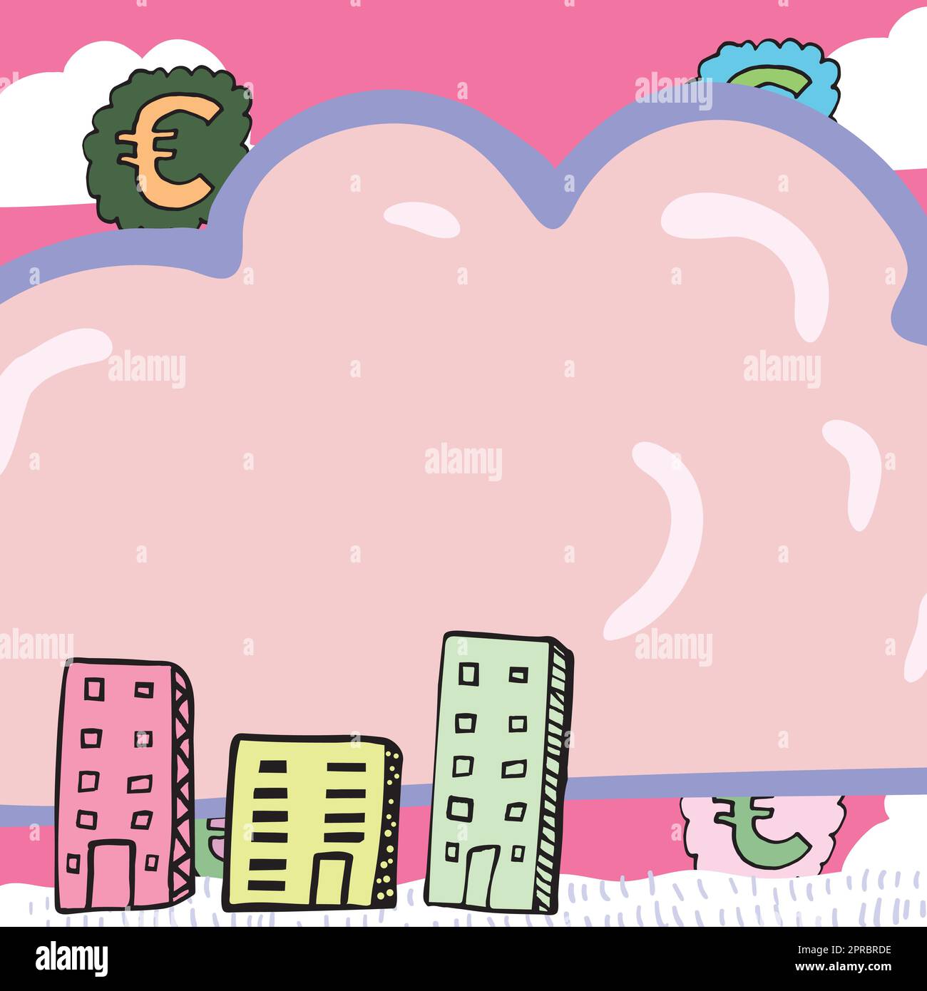 Important Message Written In Shape Of Cloud With Euro Signs In Background And Buildings. Crutial Informations In Cloudy Form With Symbols And Houses Around. Stock Vector