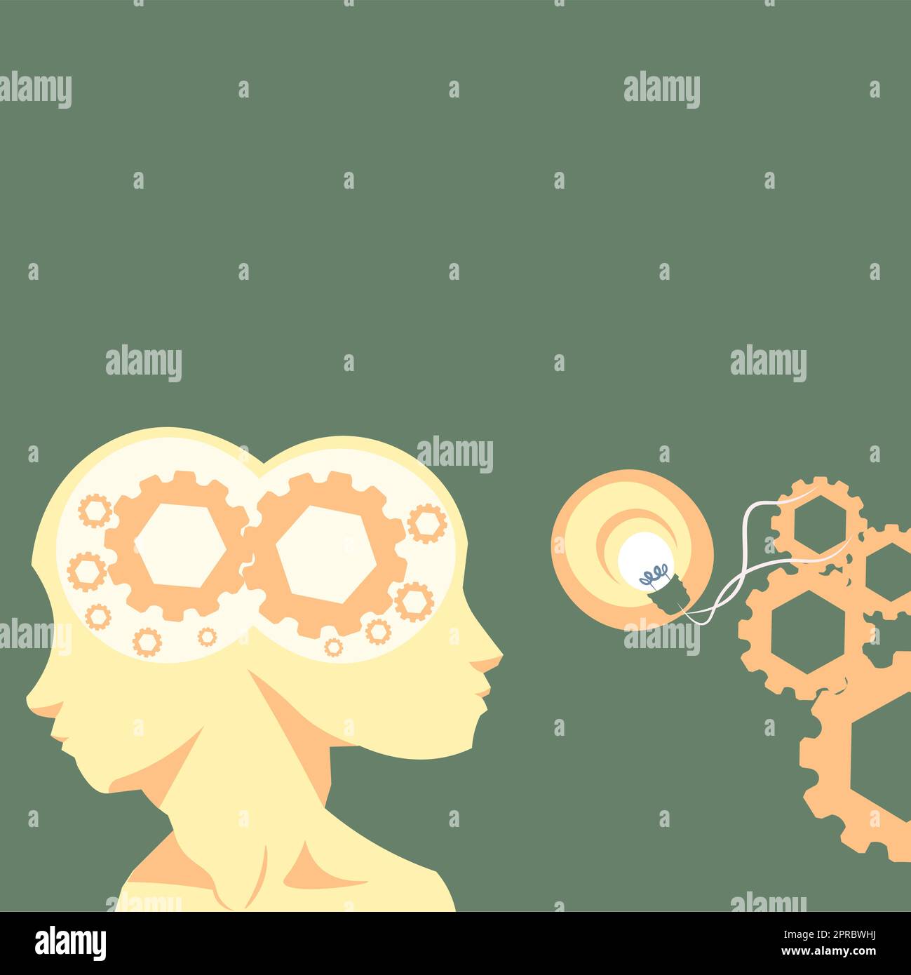 Two Heads With Cogs Showing Technology Ideas. Gears In Brain Symbols Design Displaying Mechanical And Technical Idea. Stock Vector