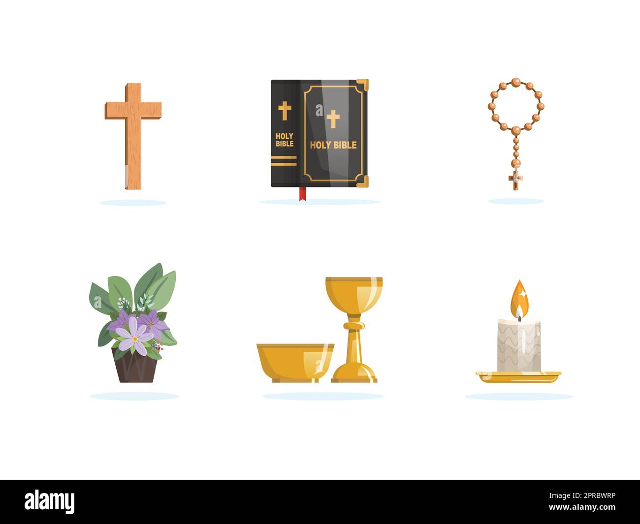 Religious items set. Cross, bible, rossary, plant, chalice and candle
